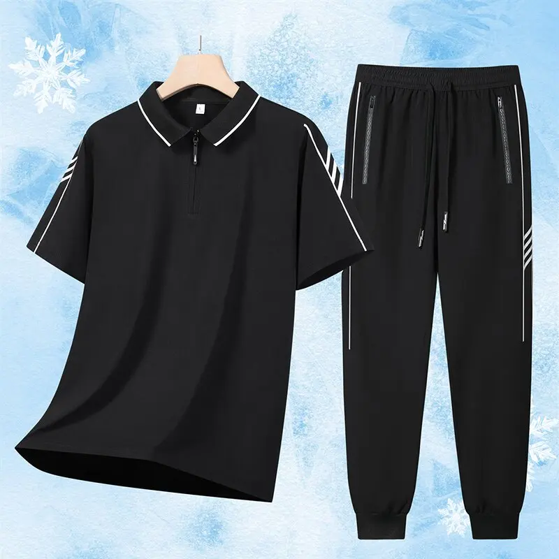 Summer New Sports Ice Silk Quick Drying Short-Sleeved T-Shirt Set For Men Loose Breathable Large Size High-Quality Two-Piece Set