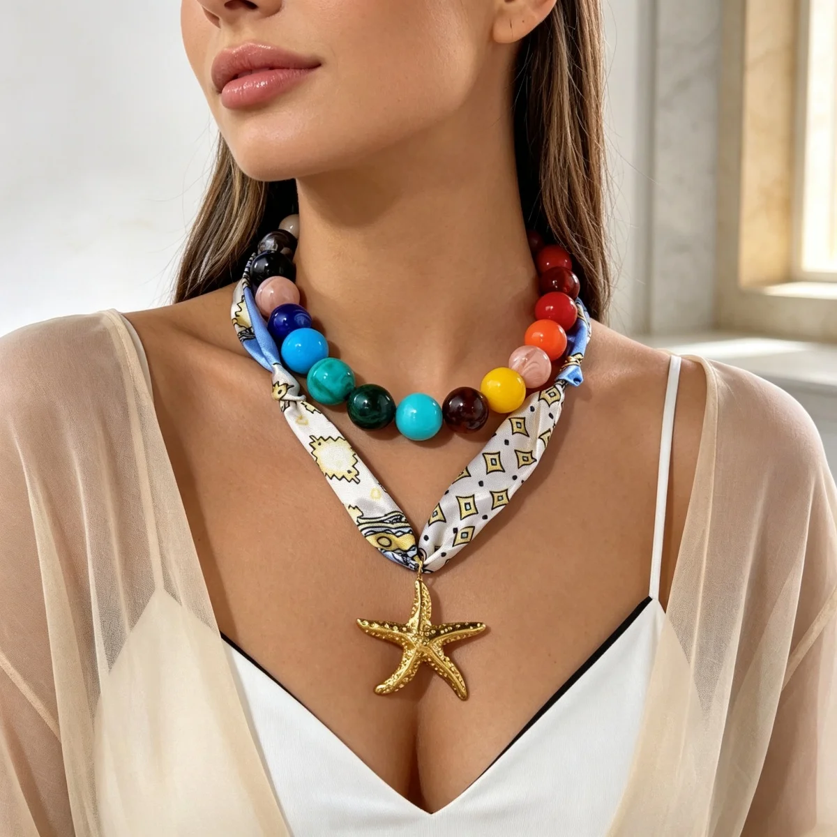 Bunter Acryl-Rundperlen-Schal mit Aufdruck, Seestern-Halskette für Frauen, Doppelschichtiger Edelstahl-Stern-Choker-Schmuck – Detail 11