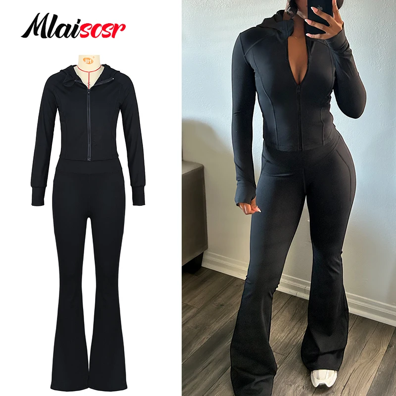 

Mlaiscsr женский комплект из 2 предметов, повседневный спортивный костюм, укороченный топ на молнии с длинными рукавами и капюшоном, узкие брюки с высокой талией, спортивная одежда, спортивная одежда