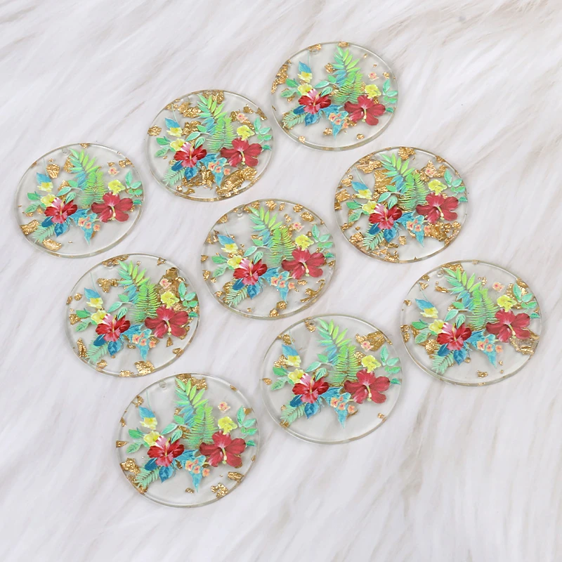 10pcs 39.5x39.5mm Round Flowers Printing Charms Pendants for Earrings Keychains Handmade DIY Jewelry Making Supplies Wholesale