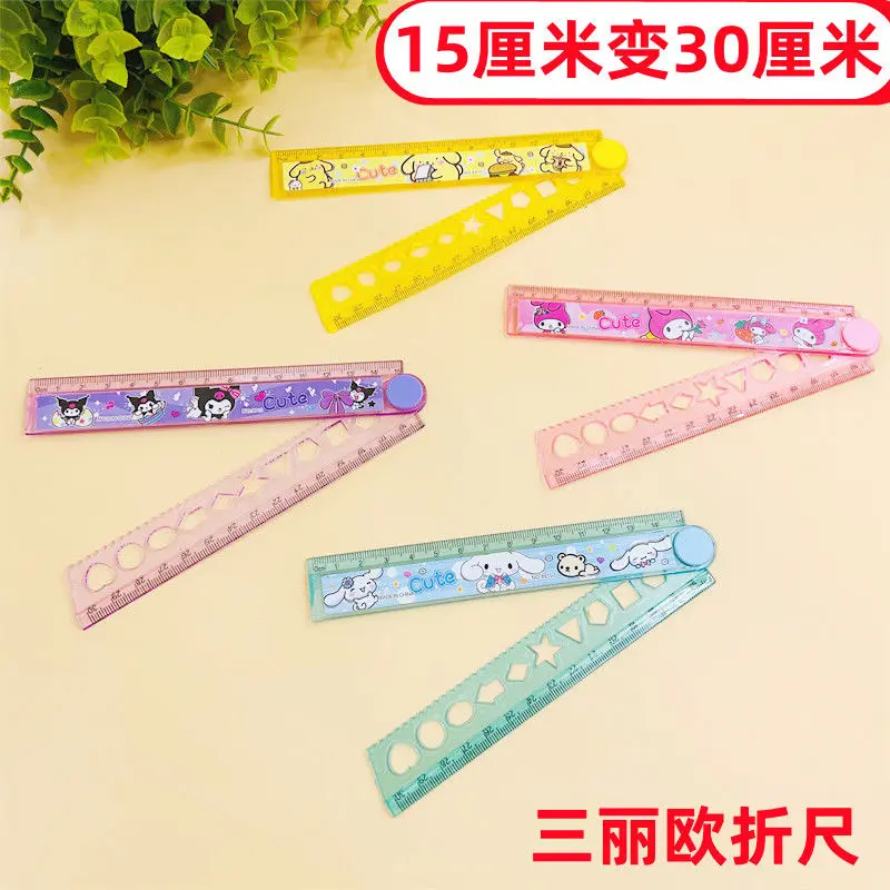 4Pcs/Set Sanrio Ruler Set Cartoon Kuromi Cinnamoroll Acrylic Ruler Set Triangle Straight Edge Round Ruler Student Stationery