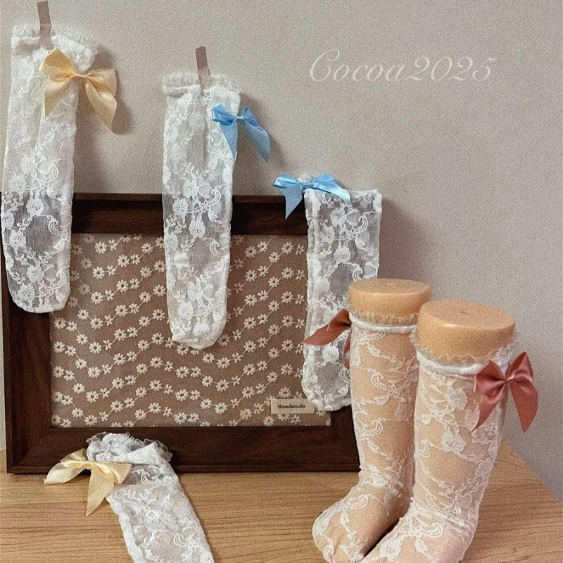 0-6yrs New Baby's Long Socks Cute Big Bowknot White Lace Socks Girls Children's Vintage Floral Pattern Lace Ruffles Lolita Style