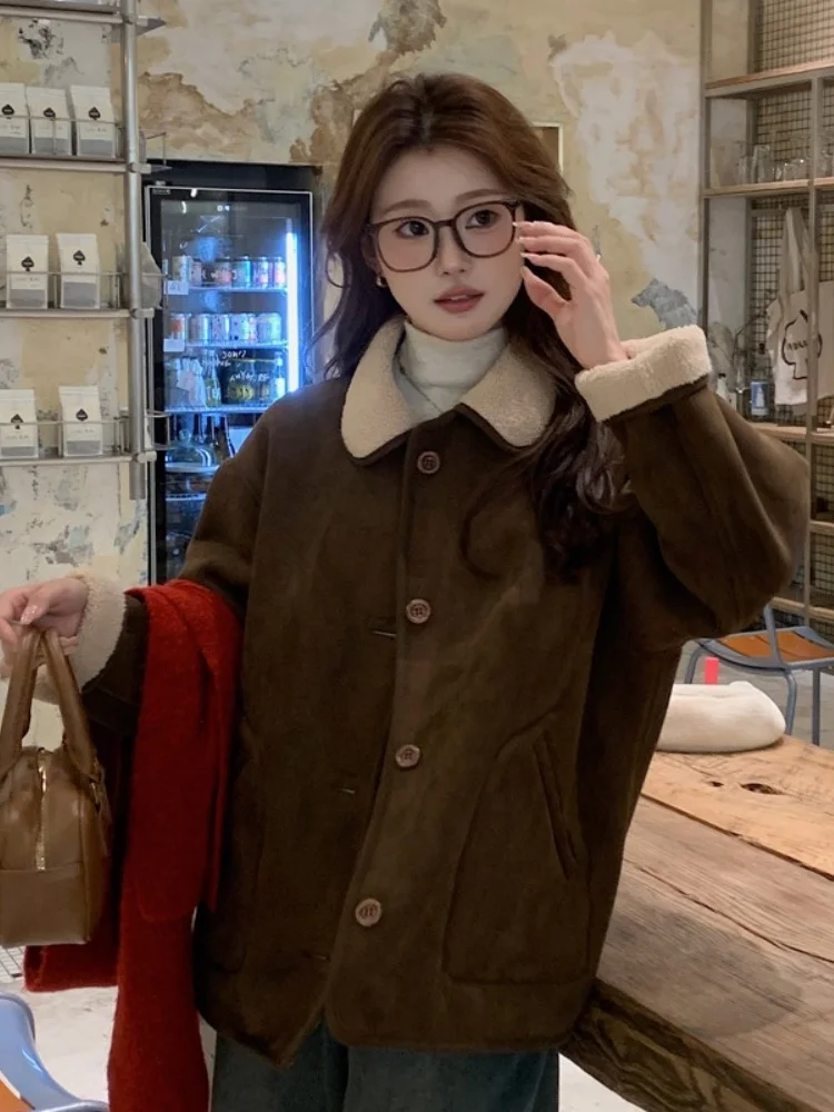

Корейское двустороннее замшевое меховое пальто, зимняя верхняя одежда, женское модное длинное пальто с винтажным воротником
