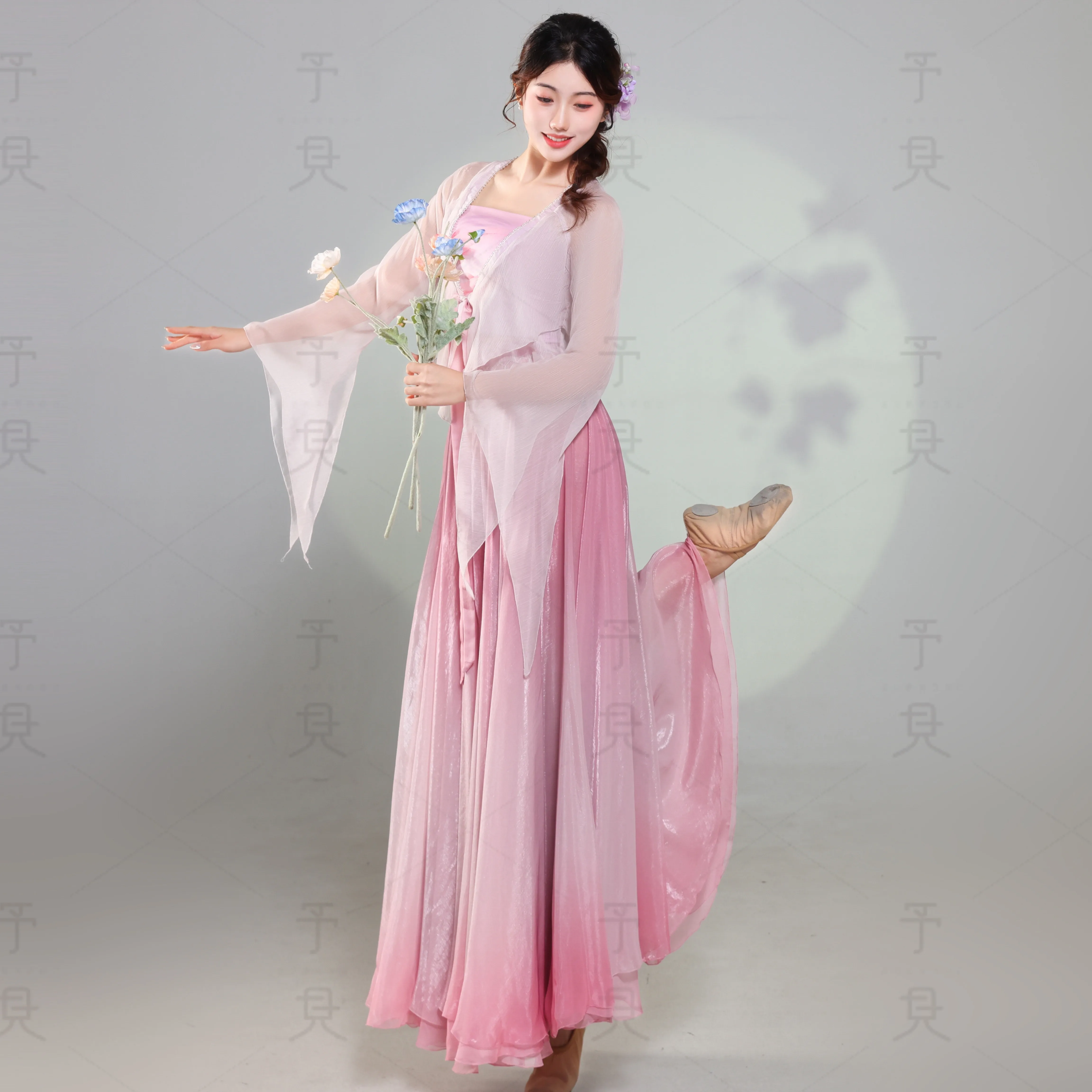 Pink Gradient Classical Dance Shiny Chiffon Bow Front Long Sleeve Big Swing Skirt Stage Performance Costume