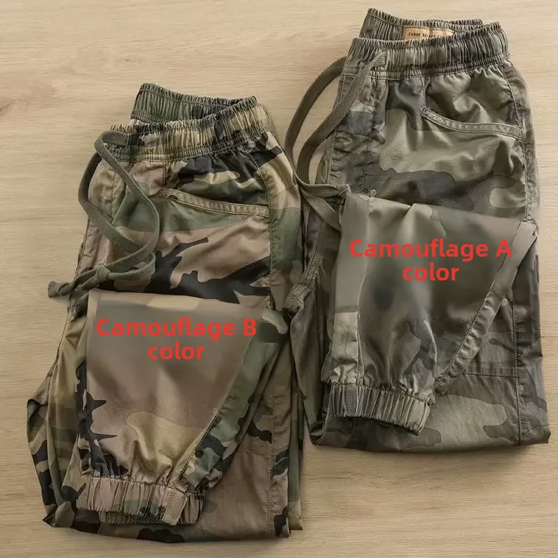 Men's Camouflage Pants Trendy Thin Style Loose Fit Casual Nine-point Work Trousers Split Cutting For Spring Autumn