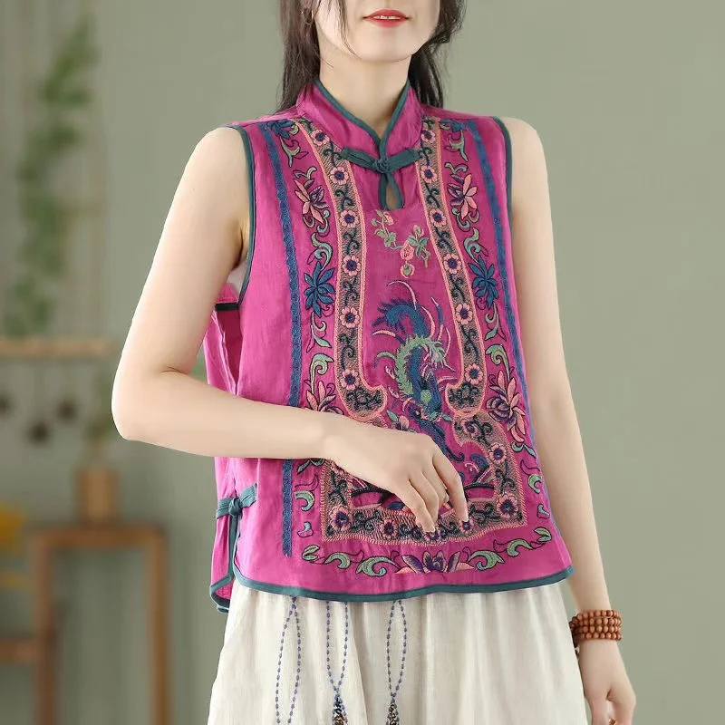 Retro Embroidery Cotton Linen Chinese Traditional Women\'s  Vest Chinese Style Pullover Ladies Summer Exquisite Stand Collar Top