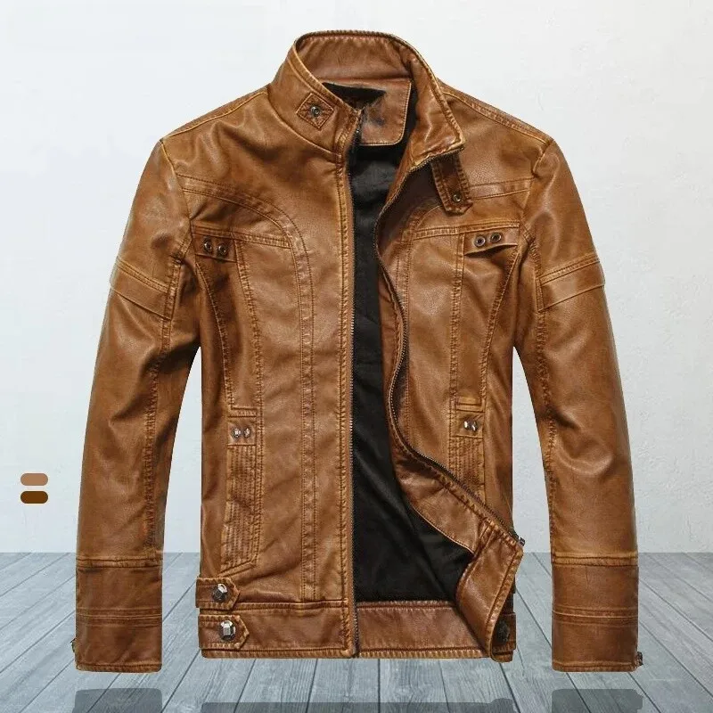 Jaket Kulit PU Kasual Pria Musim Gugur Ukuran Besar untuk Musim Dingin, Jaket Motor Streetwear Pria