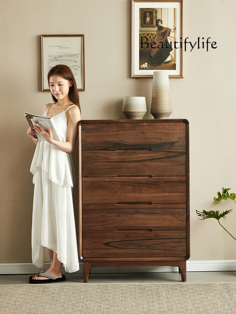 Minimalist Black Walnut Solid Wood Chest of Drawers 6 Buckets 9 Buckets Bedroom Simple Modern Drawer Locker