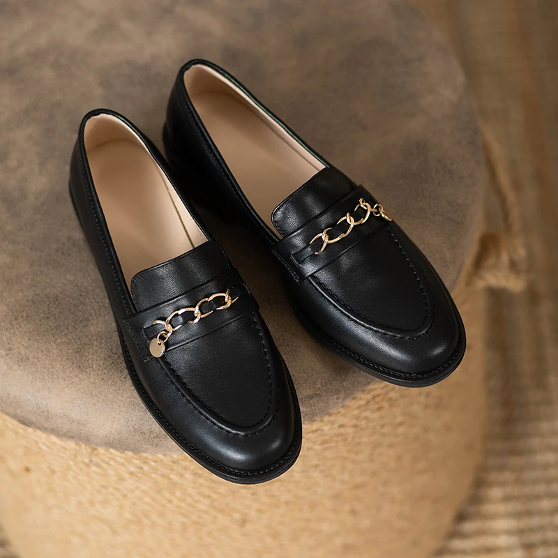 Black Genuine Leather Flat Shoes Women Fashion Oxfords Gold Chains Slip On Office Ladies Loafers Moccasins Casual Flats Female