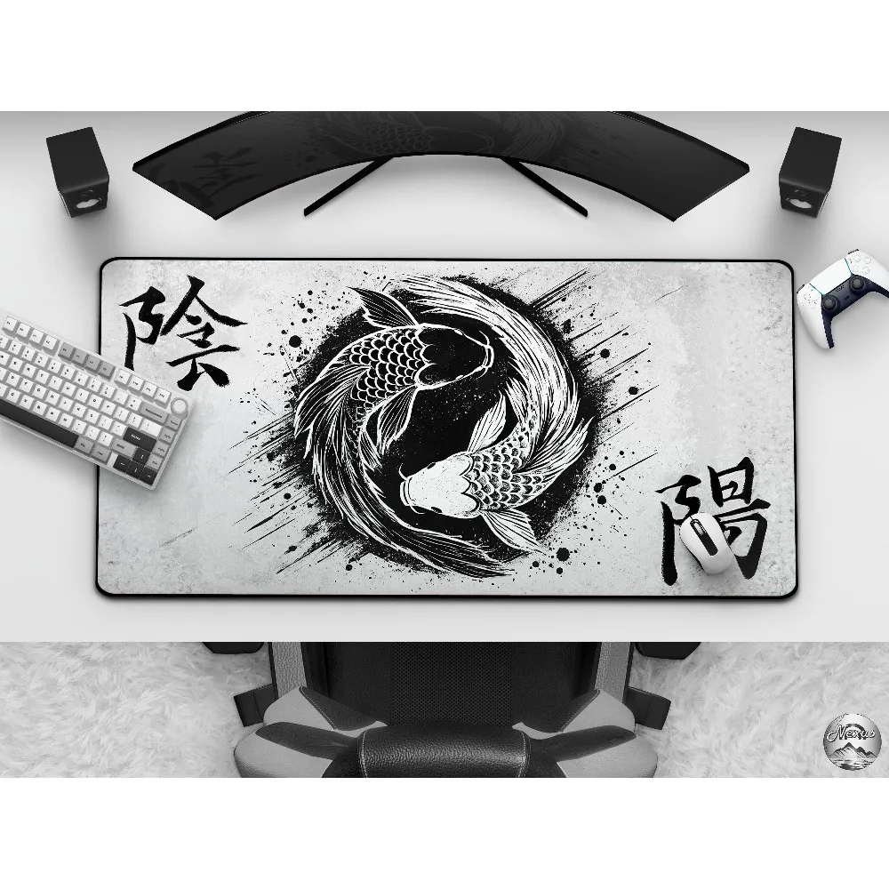Eternal Flow - Yin & Yang Koi Fish Desk Mat, Cool Modern Japanese Ink Painting Mousepad,alfombrillas para escritorio