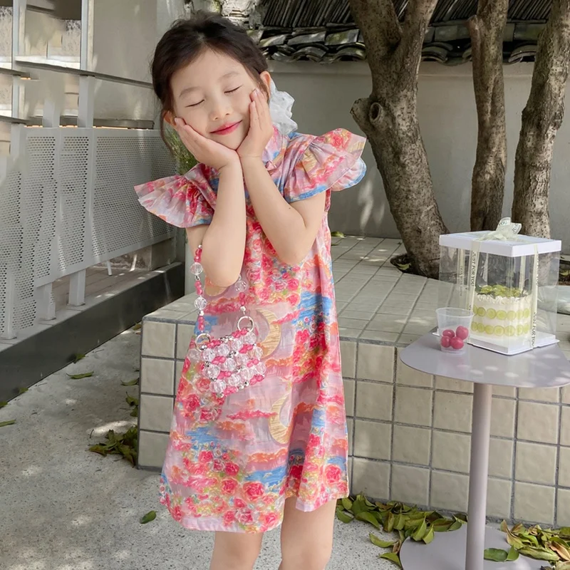 Girls Printed Flying Sleeve Chinese-style Cheongsam Dress Girls Sweet Idyllic Cute Style Princess Party Dress With Stand Collar