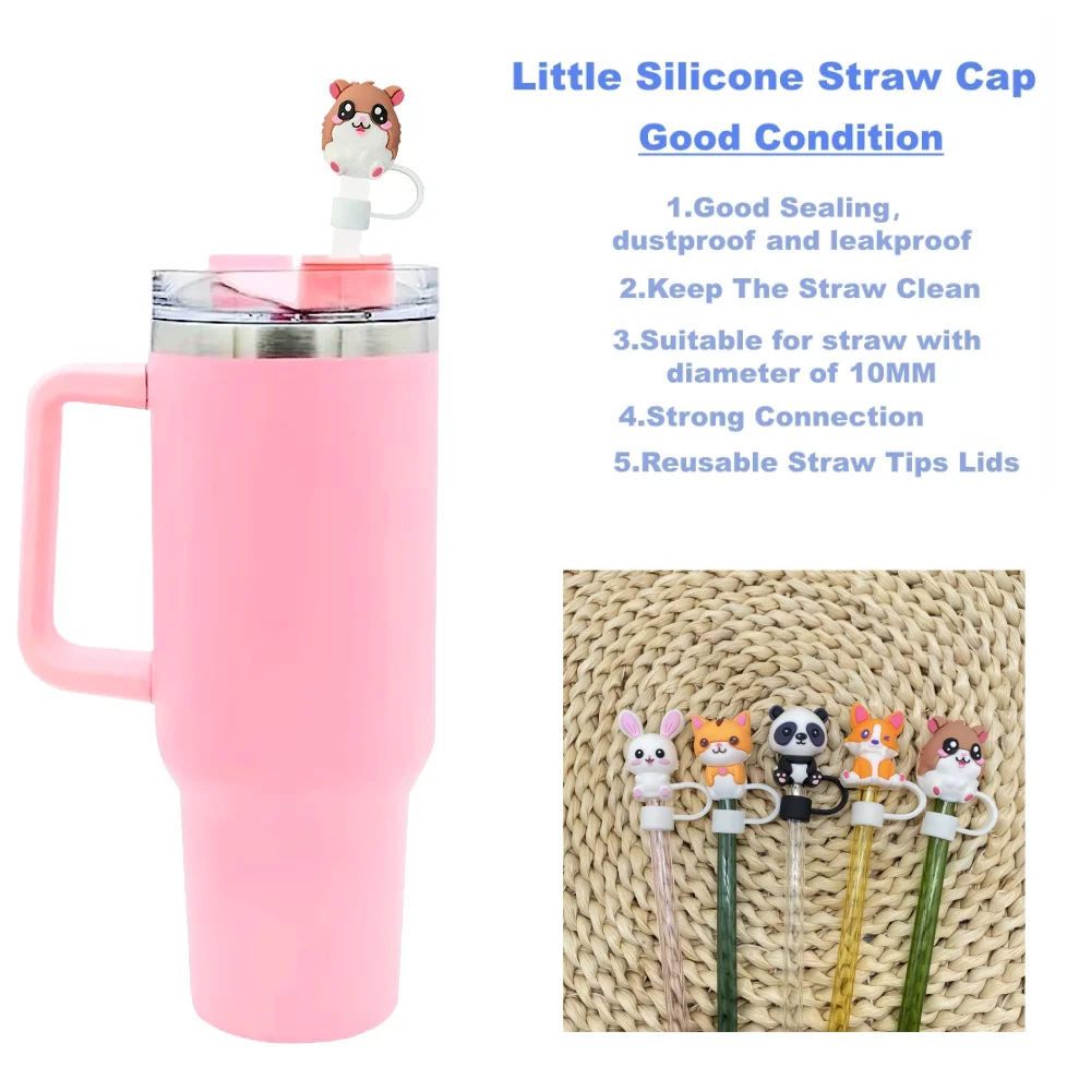 5Pcs Animals Panda Rabbit Straw Cover Cap For Stanley Cup Reusable 10mm Silicone Straw Topper Compatible 30&40 Oz Kids Tips Lids