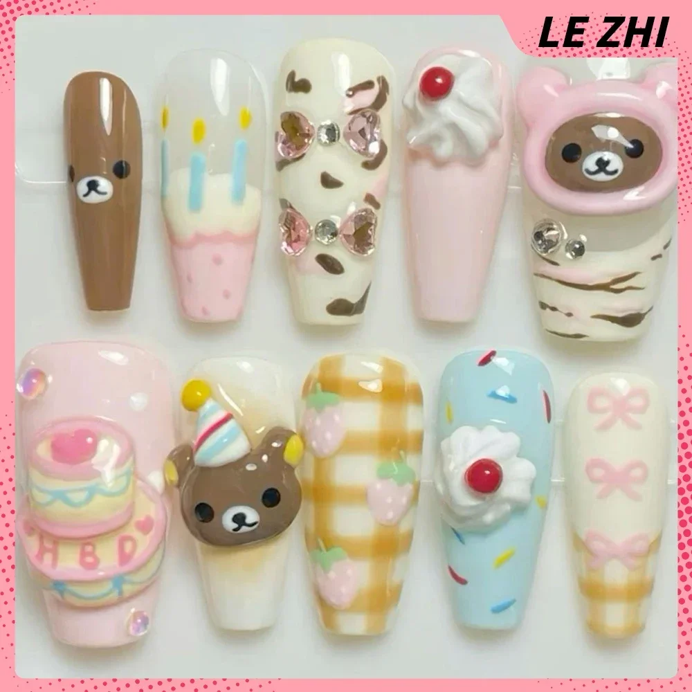 Kawaii 3D Bear Handmande Press On Fake Nails Sticker Coffee Pink Cream Style Almonds Customizable Party Cartoon Nail Sticker