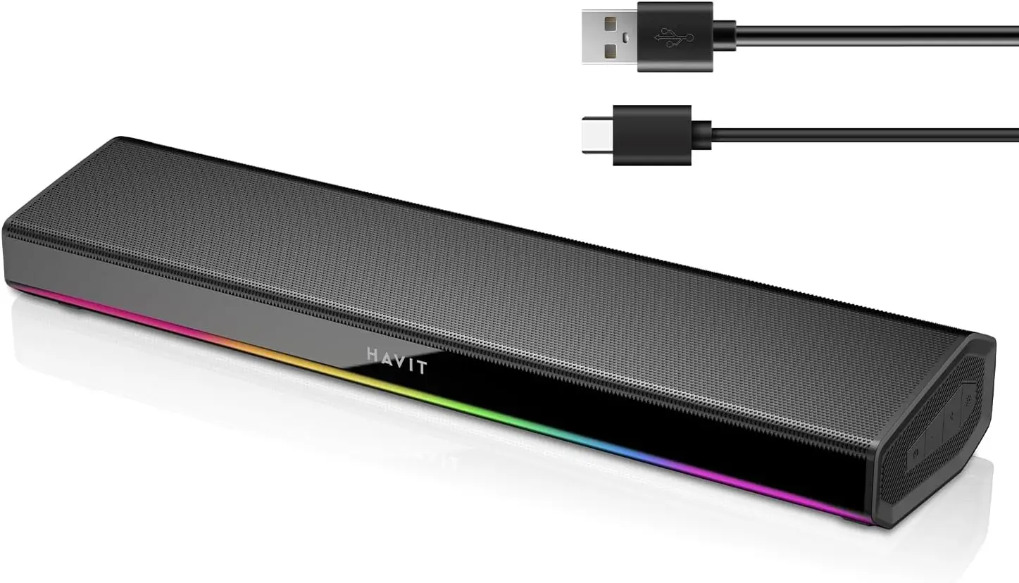 

Саундбар для ПК с Bluetooth 5.3 и динамической LED-подсветкой, Hi-Fi стереоколонки для игр, подходят для настольных ПК, ноутбуков, планшетов