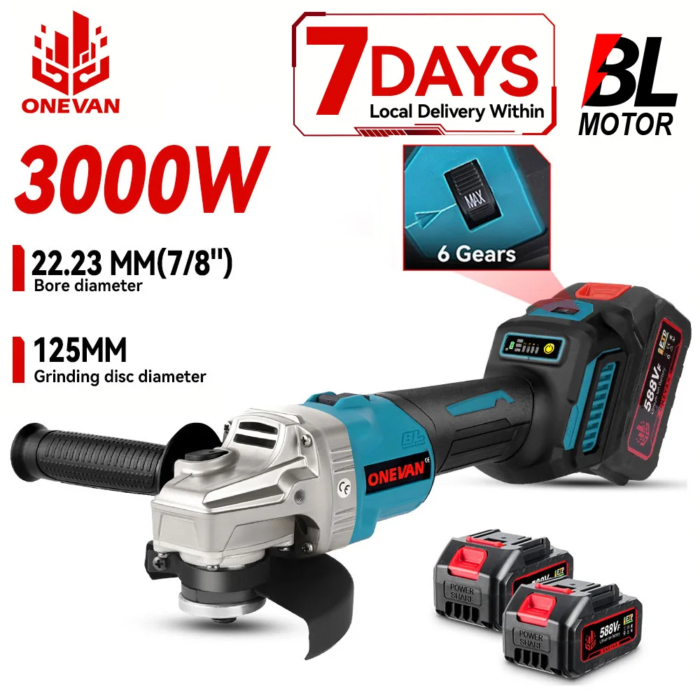 Meuleuse d'angle électrique sans fil ONEVAN 125 mm, outil de polissage et de découpe de métal, compatible avec les batteries Makita.