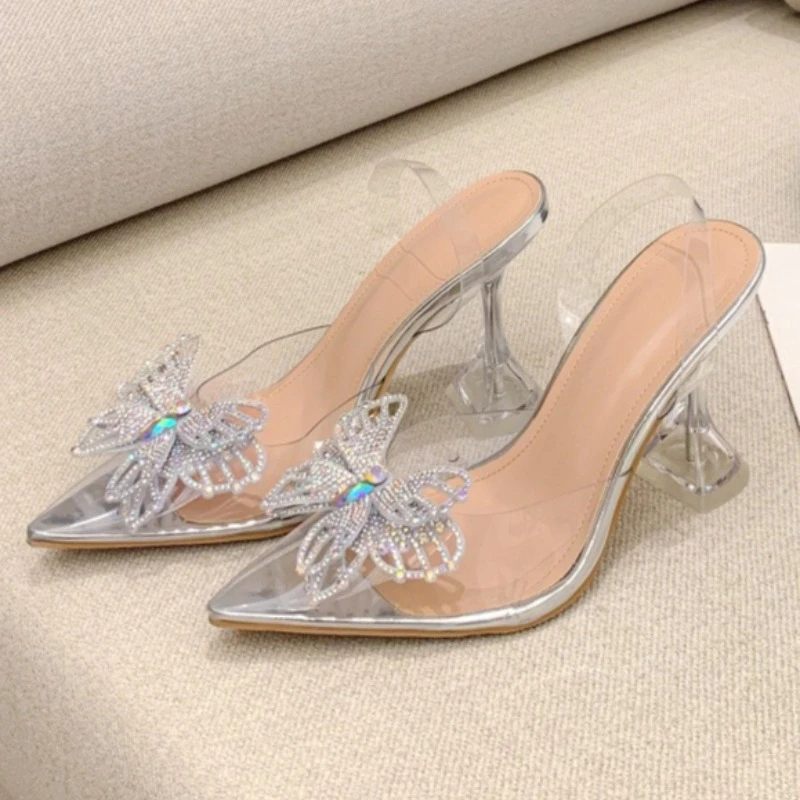 Rhinestone Butterfly Pattern Embellished Slingback High Heels For Women Transparent PVC Strange Heel Designer Sandal Dress Pumps