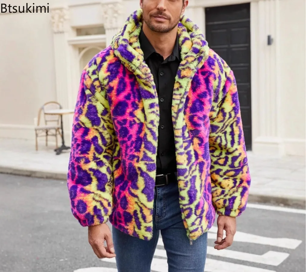 New Men's Fashion Colorful Clothes Jackets Autumn Winter Leopard Casual Trendy Loose Long Sleeve Thicken Hooded Faux Fur Coats