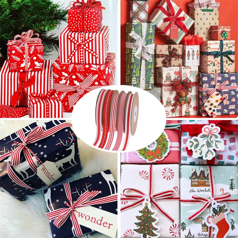 10 Yards Christmas Red and White Stripes Ribbon Christmas Gift Wrapping Polyester Ribbon For DIY Handmade Craft Materials