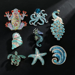 Luxury Blue Marine Life Crystal Lapel Pins Dazzling Conch Seawaves Seahorse Starfish Sea Turtle Octopus Peacock Women Brooches