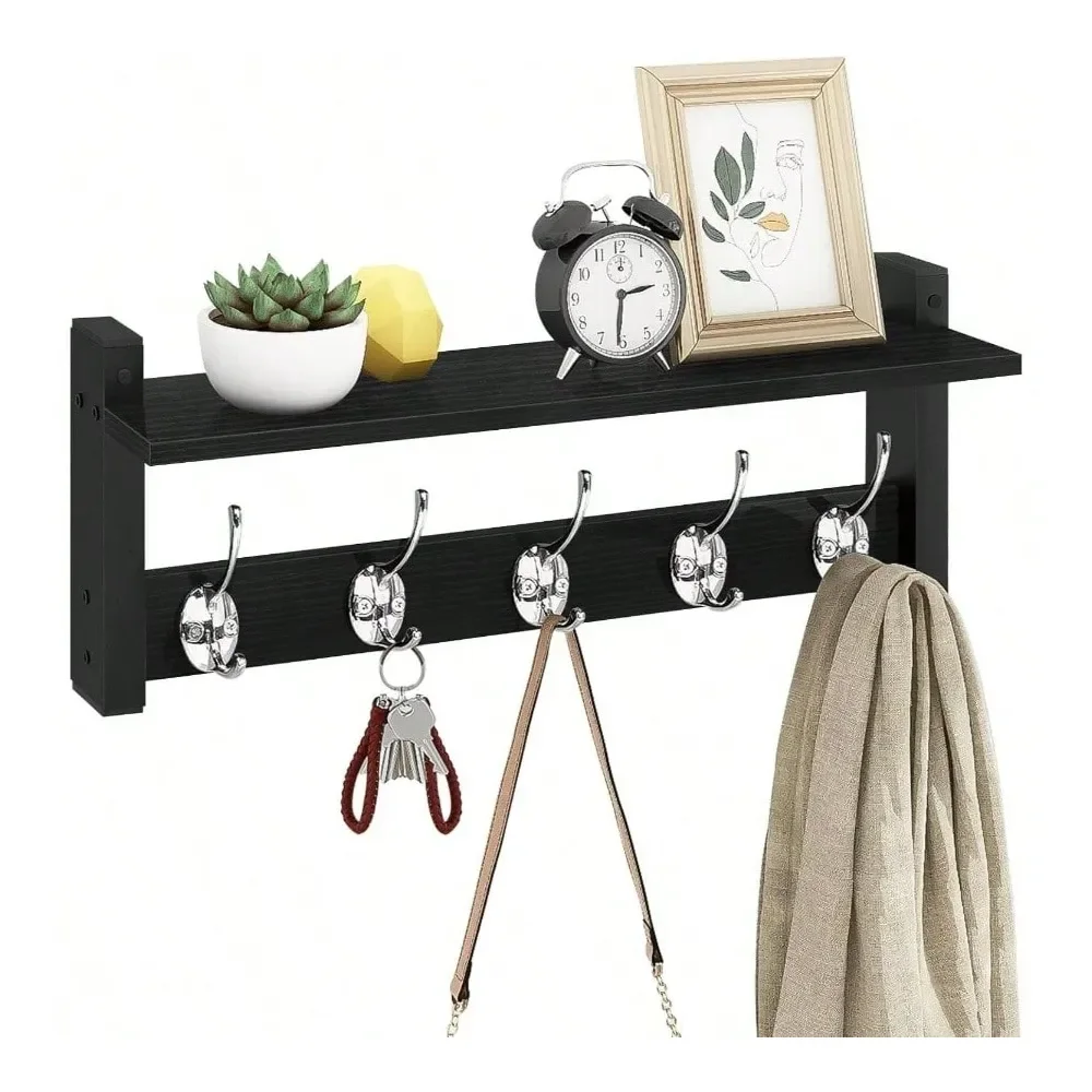 

Hooks With Shelf, Wood Coat Rack With Shelf Wall Mounted, Entryway Hanging Shelves With 5 Metal Hooks Clothes Hats Towel Purse