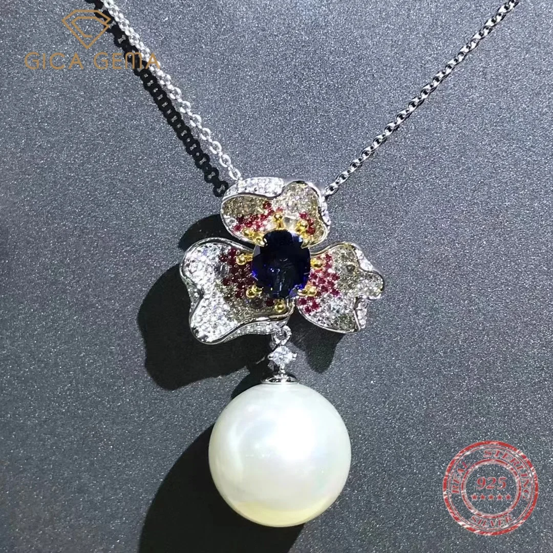 

Gica Gema 100% 925 Sterling Silver VVS 3EX 18 MM Pearl Simulated Moissanite Ruby Gemstone Flower Pendant Necklace Fine Jewelry