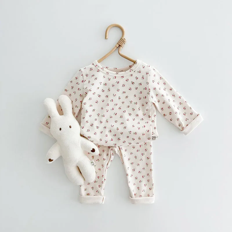 2PCS Spring Solid Cotton Kids Home Wear Clothing Set Girls Sweet Floral Bunny Sleeping Pajamas Suit Children Clothes