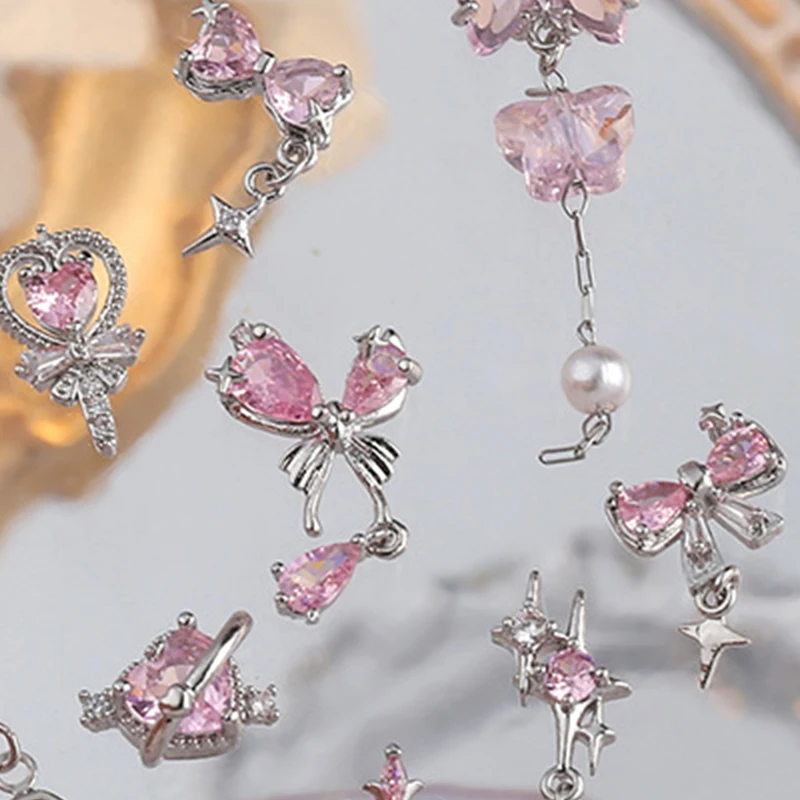 1Pc DIY Nail Art Decoration 3D Butterfly Chain Nail Art Charm Crystal Love Bow Nail Drill For Manicure Design Accessory