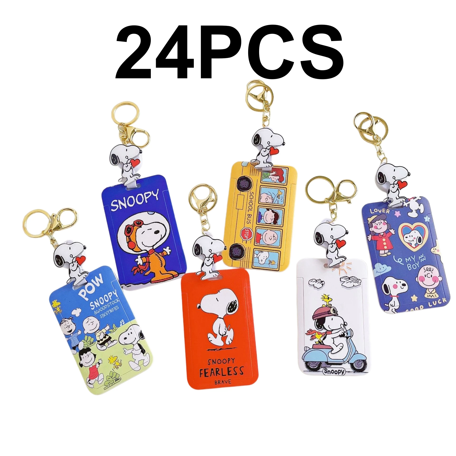 24pcs Snoopy Charlie Cartoon Keychain Anime Stretchable Embedded Card Sleeve Keyring Adult Bus Student ID Card Holder
