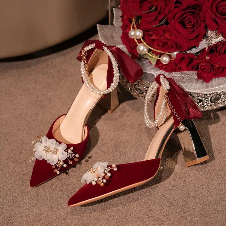 

2026 New High Heels Women's Stiletto Heels Fashion Red Chinese Style Shoes Wedding Shoes Bride Luxury Shoes