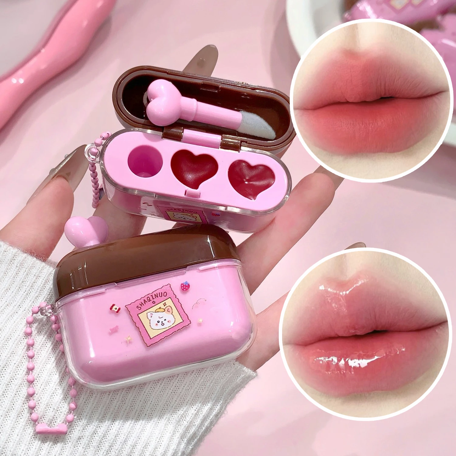 SHAQINUO Water Gloss Velvet Matte Lip Glaze Combination Two-pack Long-Lasting Mirror Matte Pendant Lip Gloss with Lip Brush