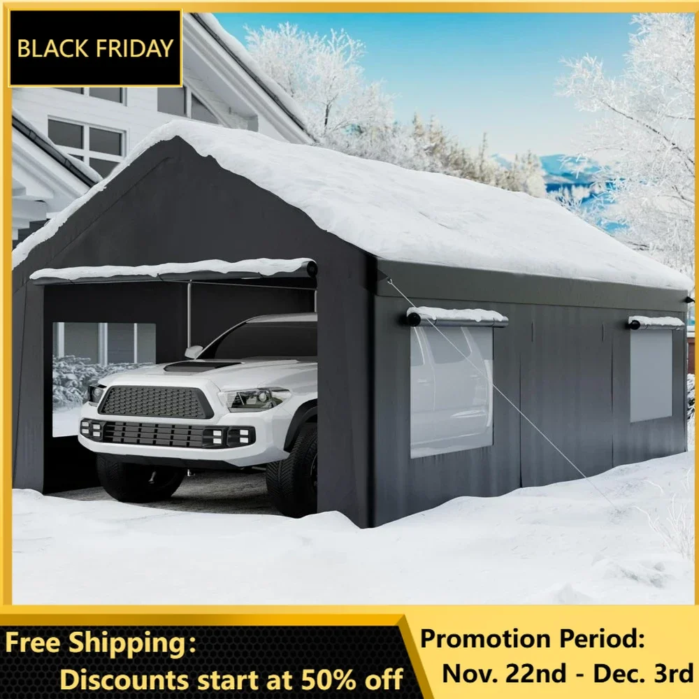 Carport, 12' X 20' Heavy Duty Portable Garage, Carport Canopy with Side-Opening Door & Roll-Up Windows, Car Canopy Outdoor Black