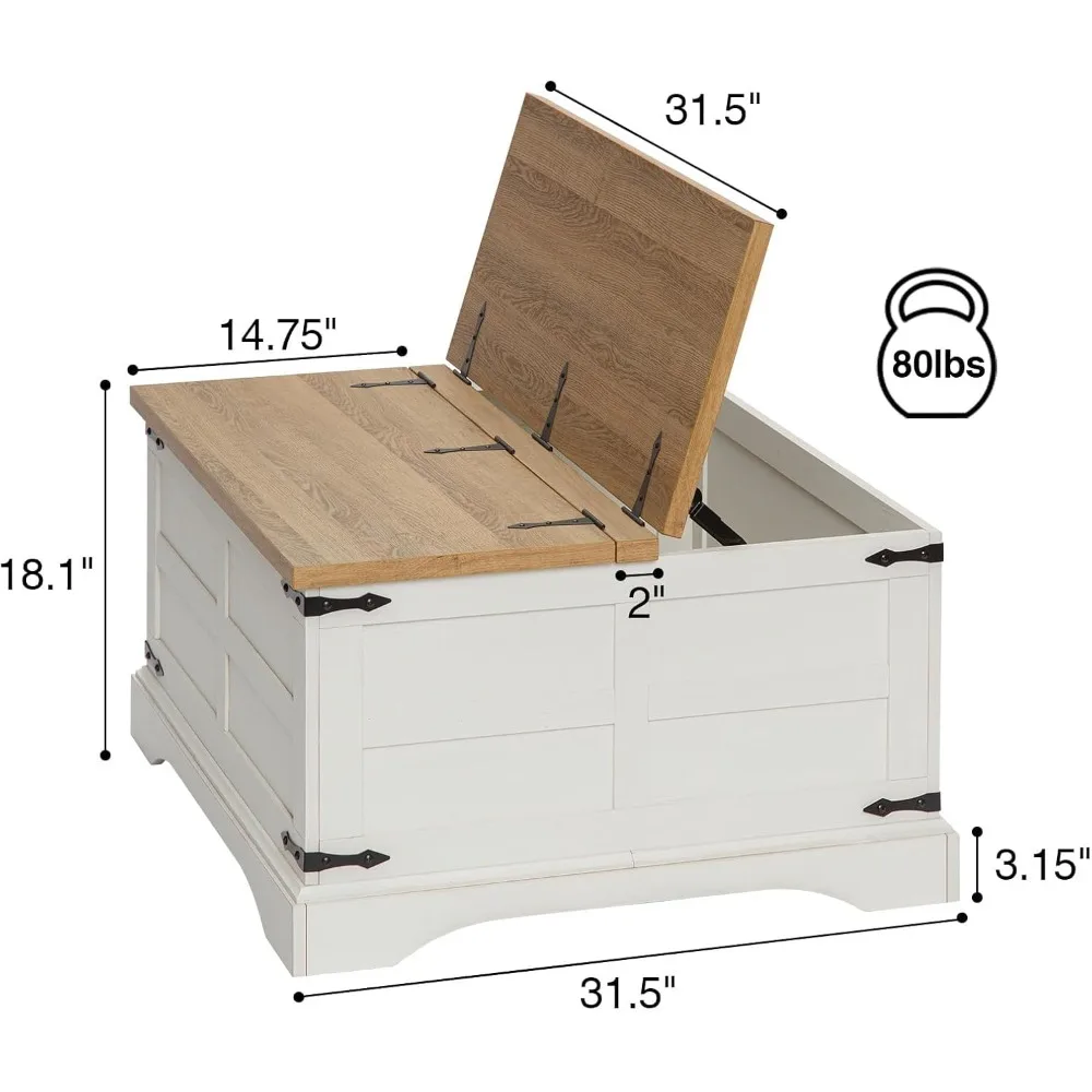 طاولة قهوة المزرعة مع سطح رفع مفصلي وحجرة تخزين كبيرة مخفية، طاولة مركزية من الخشب المربع الريفي