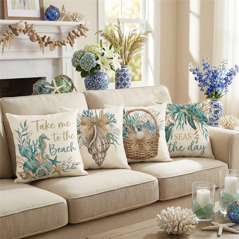 VIKAMA Coastal Pillow Cover Seashell Conch Nautical Ocean Decorative Cushion Case for Beach House Sofa Patio Furniture