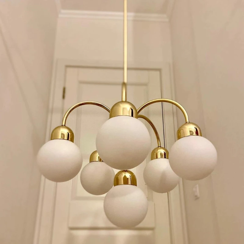 European All Copper Ceiling Pendant Lights White Glass Ball Chandelier Moden Living Room Restaurant Kitchen Bedroom Hanging Lamp