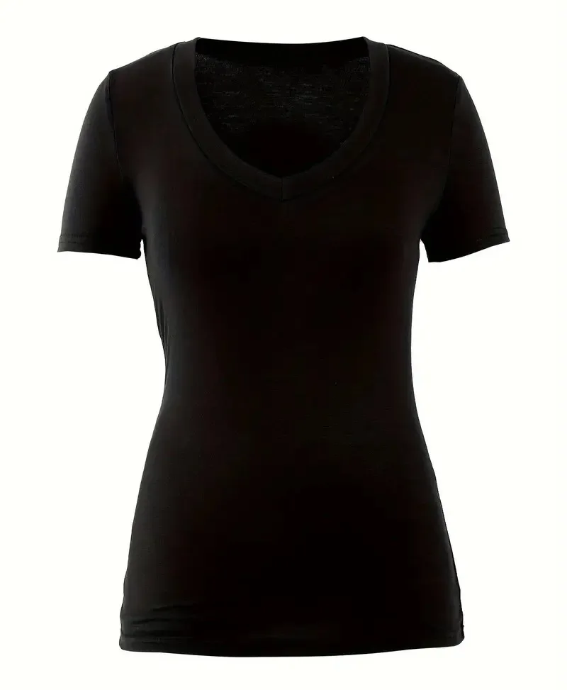 Camiseta informal de talla grande para mujer, Camiseta lisa de manga corta con cuello en V, camiseta elástica media