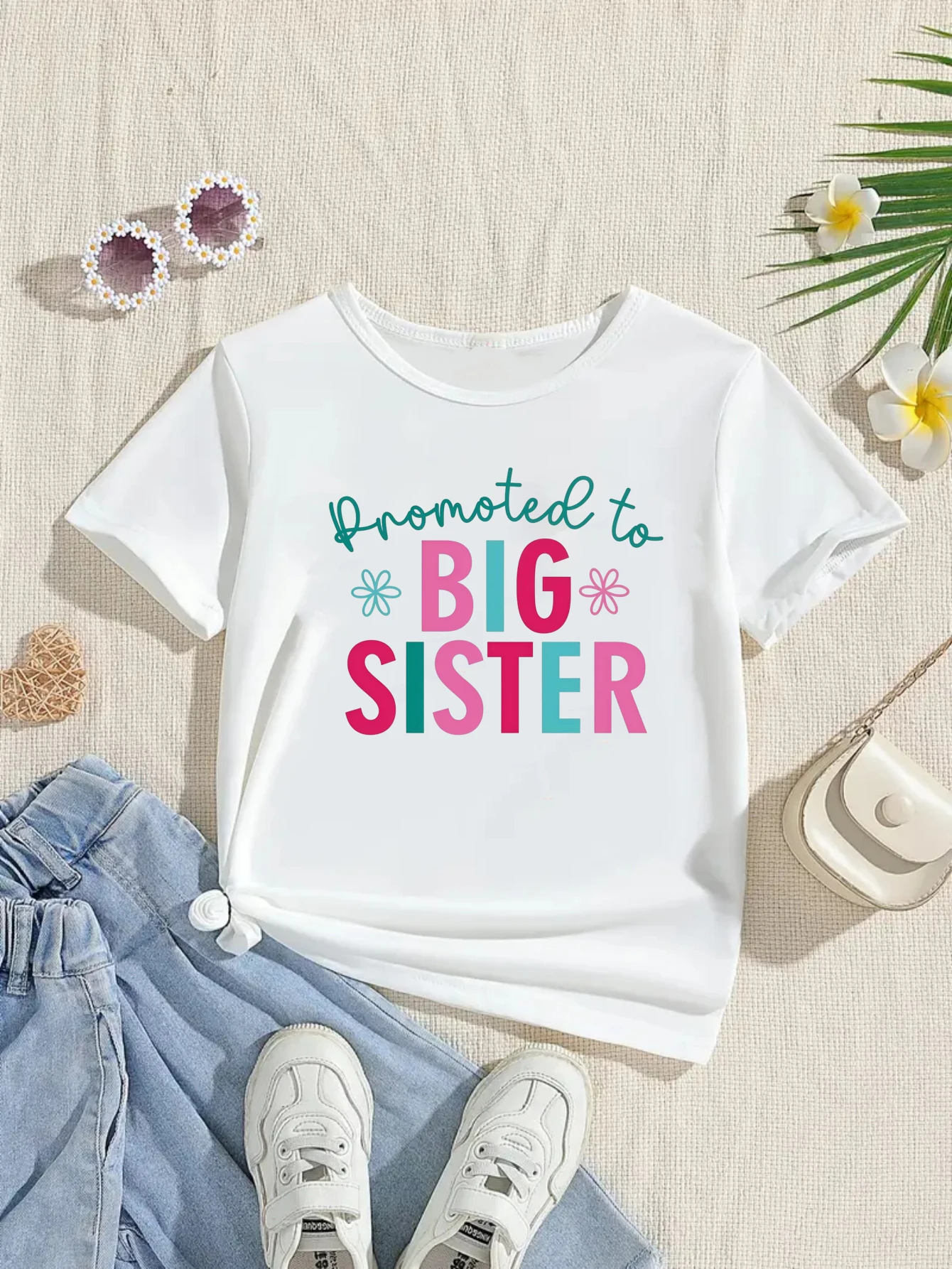 Promoted To Big Sister Flowers Letter Printed T Shirt Girls Pregnancy Announcement Shirt Funny Kids Clothes