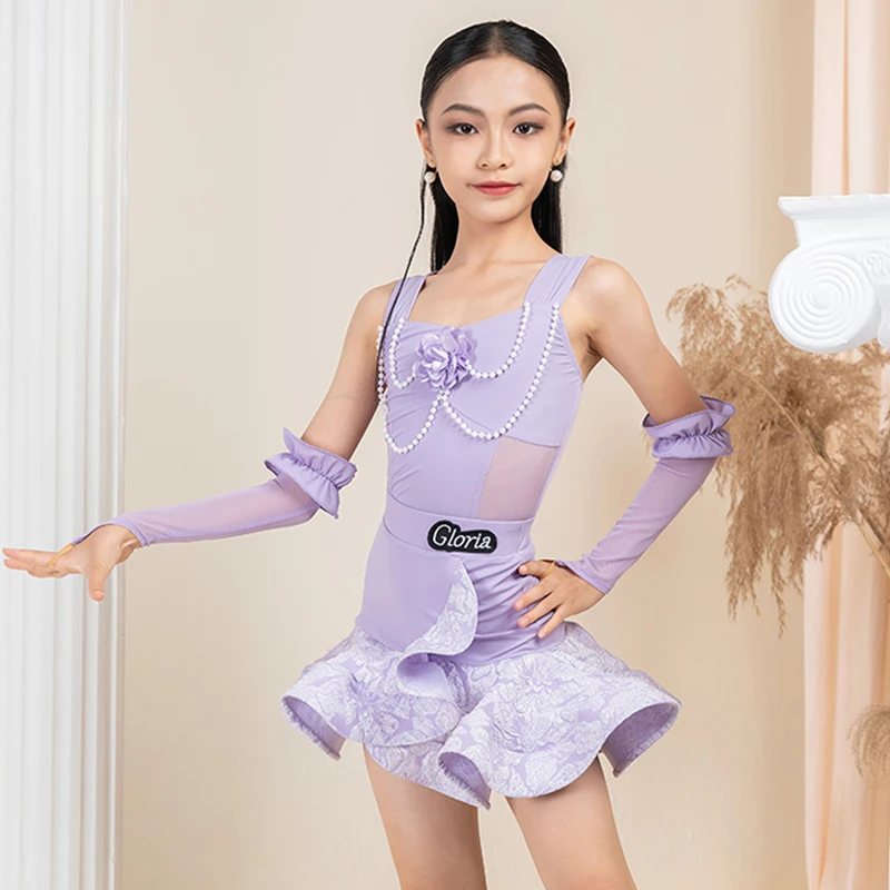 

Latin Dance Dress 2025 Performance Wear Girl Pink Competition Dance Suit Ruffle Skirt Purple Stage Outfit Cha Cha Costume 3327