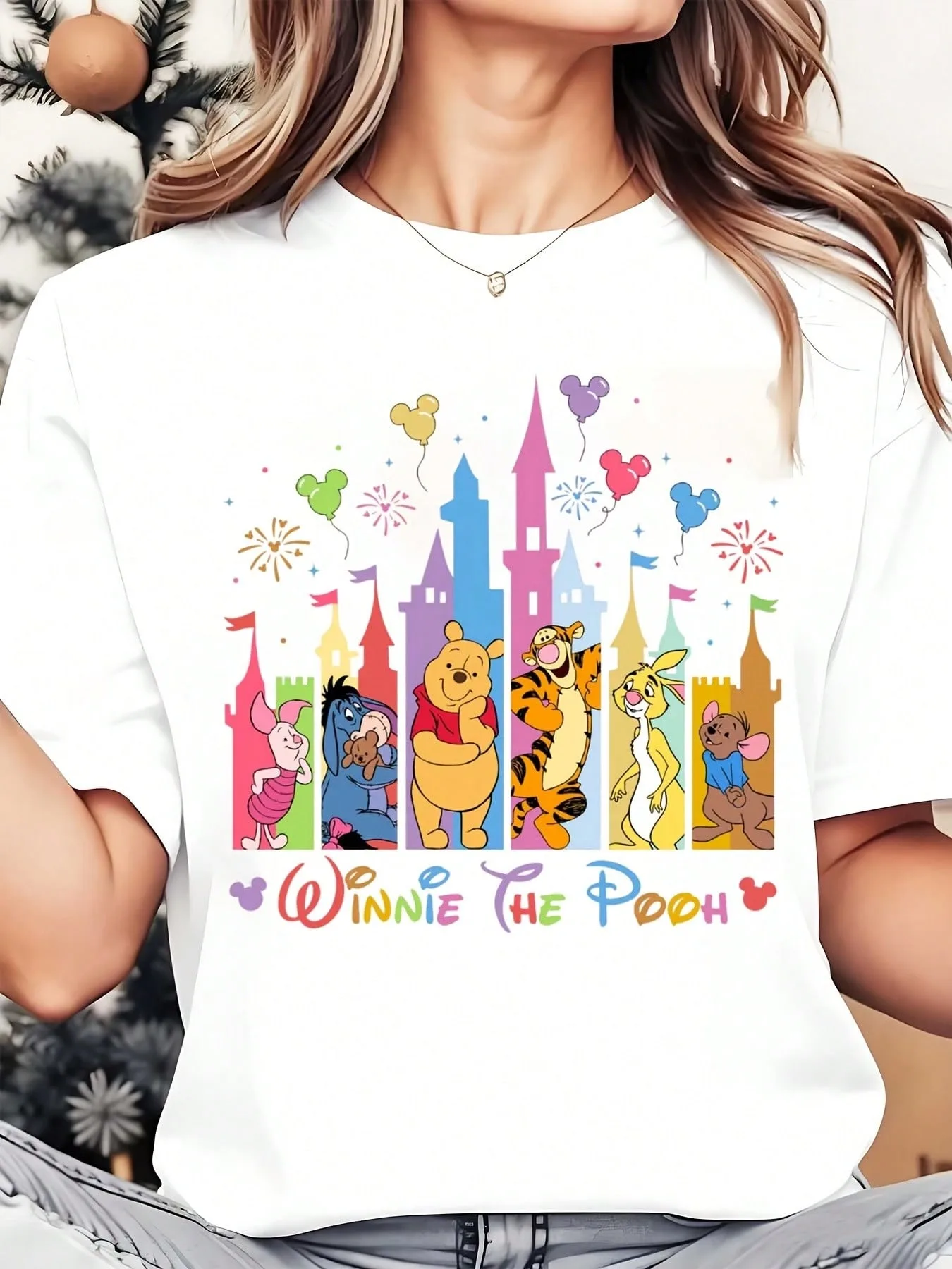 Disney Winnie Pooh Castle Fireworks T Shirt Multiple Sizes 2D Print Pooh Castle Balloon Fireworks Theme Polyester All Season