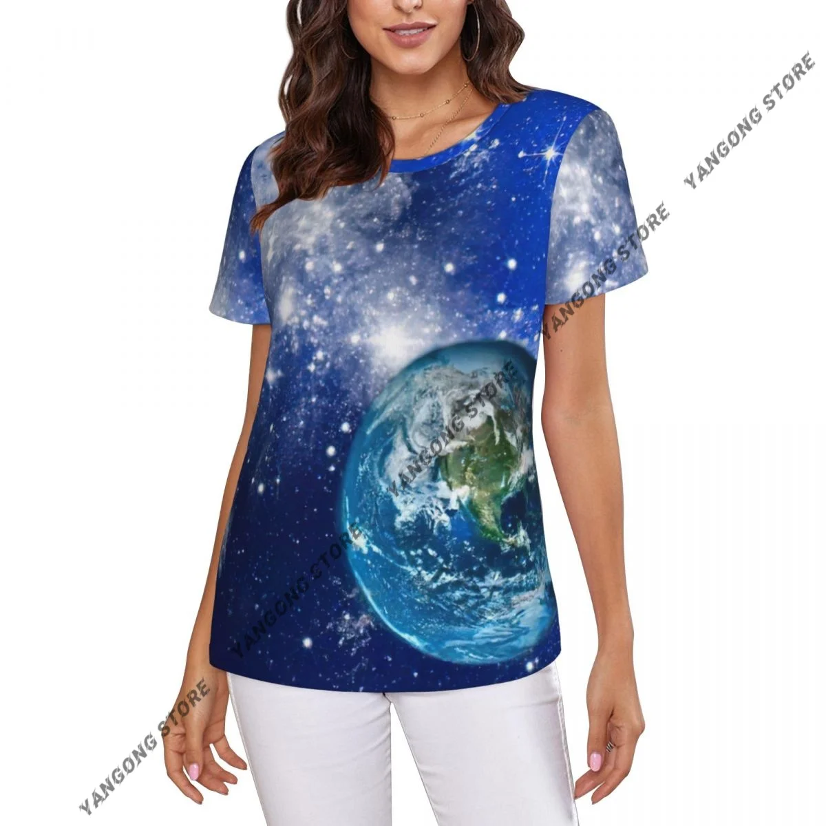 Women Short Sleeve Top Planet And Galaxy Stars In Space T-shirt Fashion Summer Female Tops Loose Round Neck T Shirt