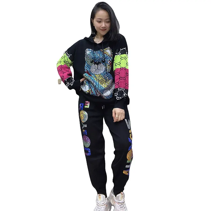 Autumn Cartoon Diamond Bear Knitting Tracksuit Women 2 Piece Sets,Knit Sweater and Pants 45kg-80kg Oversize