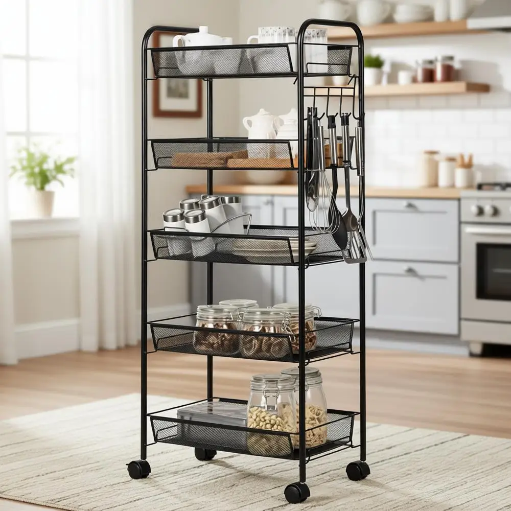 

5-уровневая передвижная тележка для хранения с блокируемыми колесами, крючками и полками