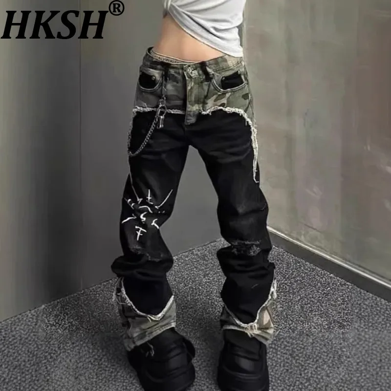 

HKSH Spring New Men Tide Dark American High Street Washed Patchwork Jeans Women Trendy Hip Hop Straight Slim Denim Pants HK19254