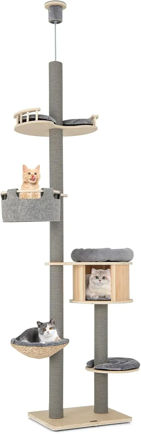 Floor to Ceiling Cat Tree, 5 Tier Tall Cat Tower with Adjustable Height (100-110 Inch) for Large Cats, Wood Cat Climbin