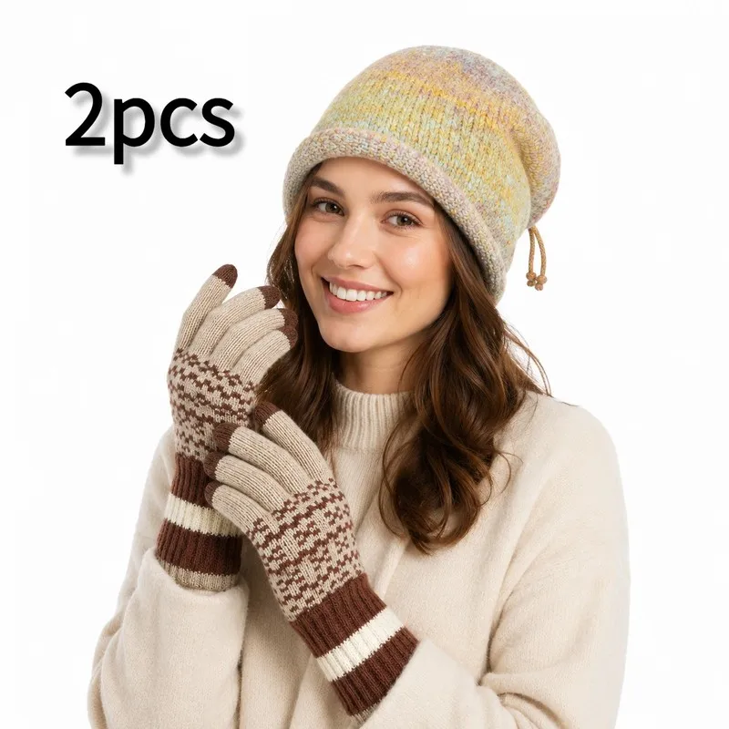 2pcs Winter Hat And Touchscreen Gloves Set Soft Thick Warm Beanie Adjustable Drawstring Elastic Outfit for Women Daily Travel