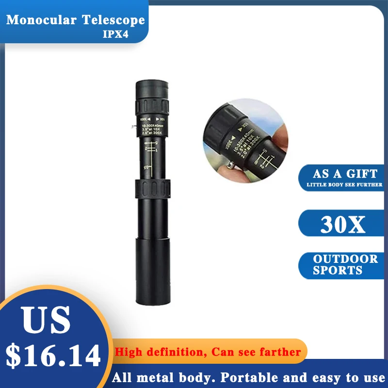 

Professional Monocular Telescope, Bak4 Lens, HD Metal, Lll Night Vision, Telescope for Hunting, Tourism, Camping, 10-30x25mm