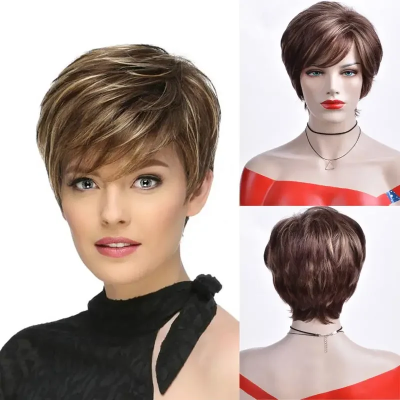 

Women's Fashion Synthetic Hair Multicolour Brown Short Wigs with Bangs Pixie Cut Hairstyle Fancy Dress Party Wigs for Women