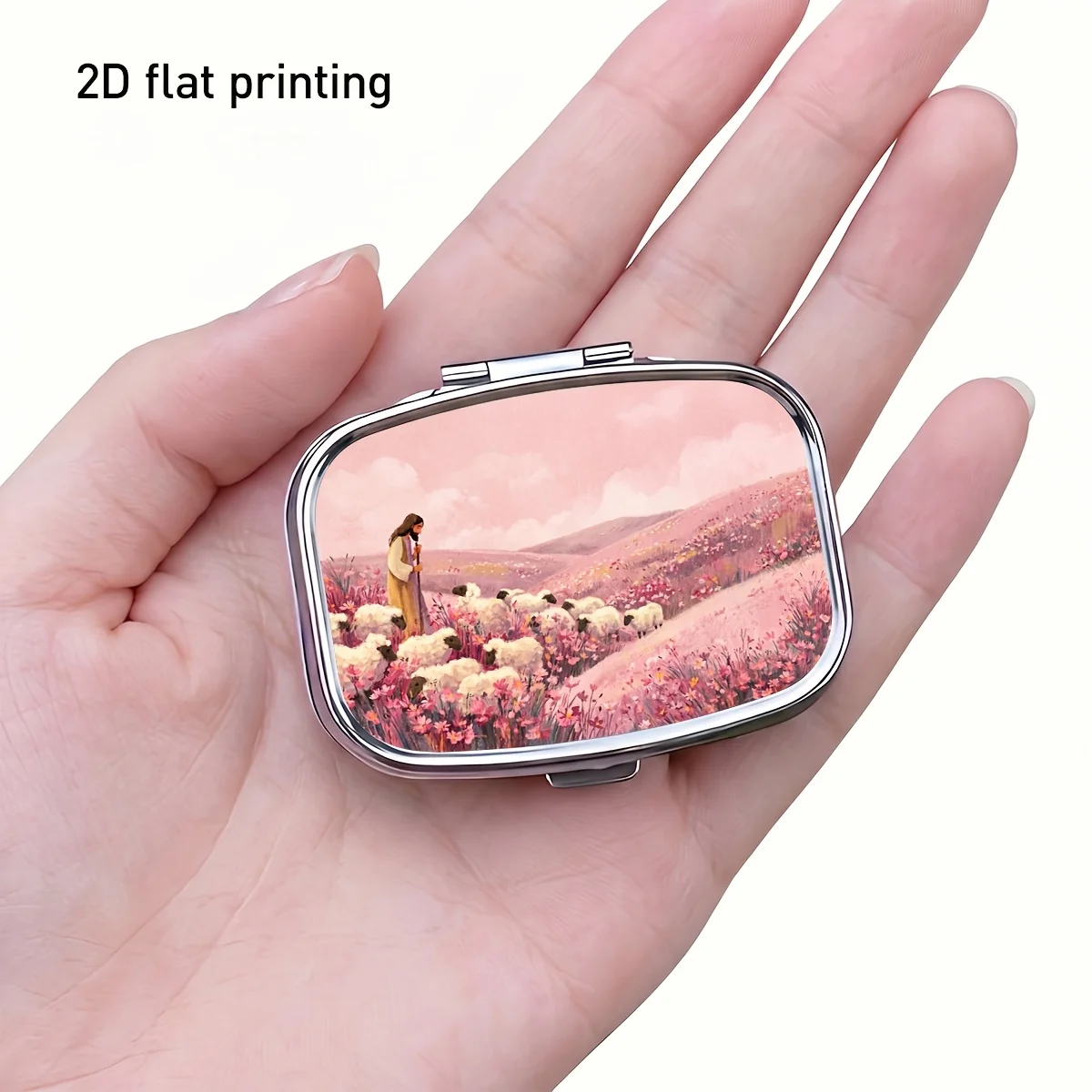 Natural Pink Sheep Flock Landscape Pattern Square Medicine Storage Box, Small Metal Pill Box, Two-Compartment Design, Portable for Storing Vitamins, Jewelry, and Small Items, Durable for Outdoor Travel and Daily Use, Gift