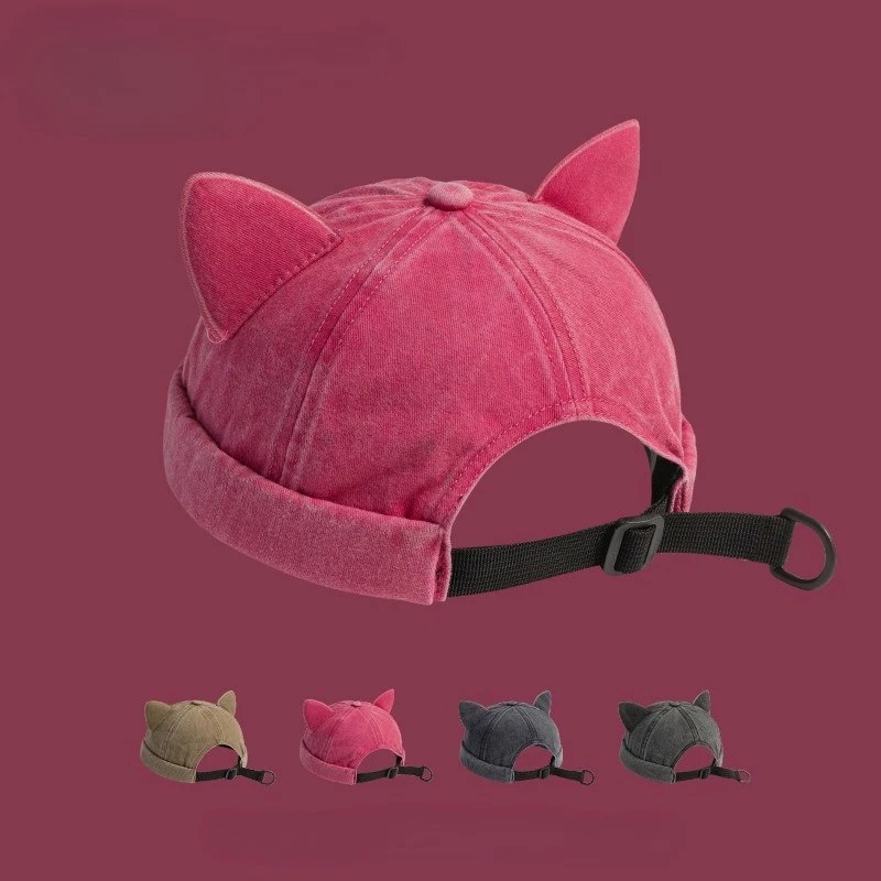 Spring Summer Cute Sweet Cat Ears Brimless Hat Casual Adjustable Versatile Dome Washed Old Hat Outdoor Windproof Melon Skin Hat