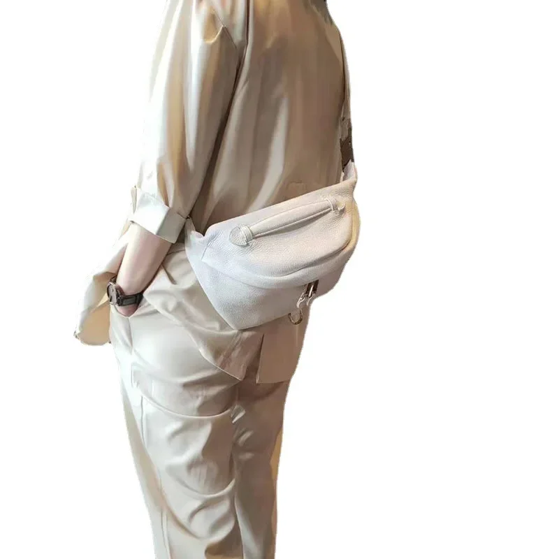 Leisure Natural Beige White Cowhide Leather Women Chest Bag Luxury Soft Top Quality Ladies Single Shoulder Crossbody Bag