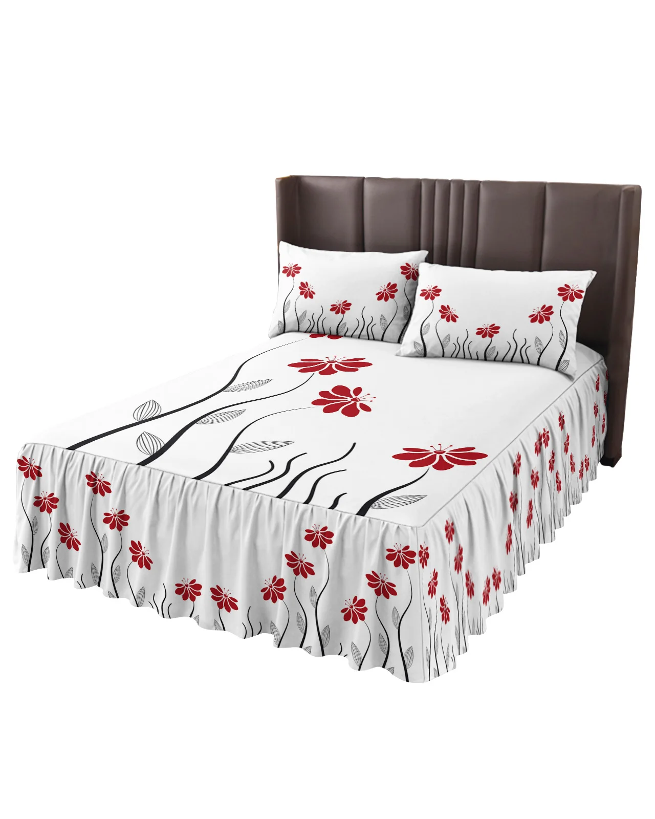 Red Flower Lines Plant Bed Skirt Elastic Fitted Bedspread With Pillowcases Bed Protector Mattress Cover Bedding Set Bed Sheet